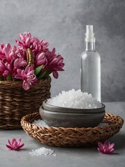 Still life composition features wicker basket holding vibrant pink hyacinth flowers next to bowl of white sea salt crystals on woven tray, with clear spray bottle in background.