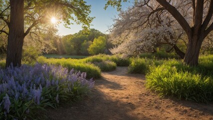 Path winds through vibrant garden, bathed in warm glow of setting sun peeking through foliage. Garden alive with lush greenery, bursts of purple flowers, flanked by trees with white blossoms.