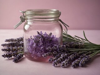 Glass jar filled with lavender salt placed against soft pink background, accompanied by several sprigs of fresh lavender lying beside it. Jar, with hinged lid, metal clasp, has translucent quality.