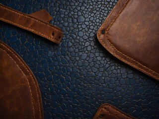 Brown leather bag, matching strap rest on textured blue surface resembling reptile skin, creating contrast of colors, textures. Leather items feature visible stitching details.