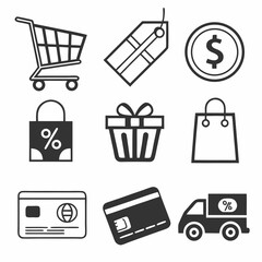 E-commerce black icon pack – cart, payment, tag,  clean stroke style for online store UI.
