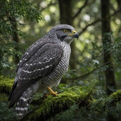 Majestic bird of prey perched on moss-covered branch in dense forest, its sharp gaze focused intently. Birds plumage predominantly grey with intricate white barring.