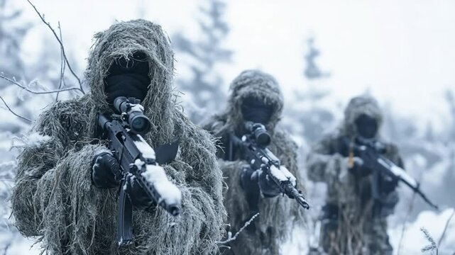 Three Elite Soldiers Equipped for Winter Warfare Advancing Through Snowy Wilderness