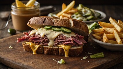 Sandwich with melted cheese, slices of beef placed on wooden cutting board, accompanied by side of french fries, pickles. Sandwich cut in half, revealing layers of meat, cheese.