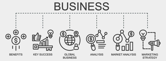 Business banner web icon vector illustration featuring icons of benefits, key success, global business, analysis, market analysis, and marketing strategy.