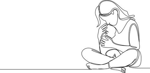 continuous single line drawing of mother holding her baby, line art vector illustration