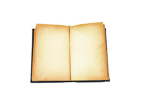 Open book with blank pages for adding text. Yellow pages of an old book. Free space for text. Isolate without background. Image for mockup. Insert photo into template. Write text. Image format png.