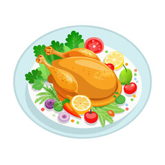 Roasted chicken with vegetables on plate, transparent background