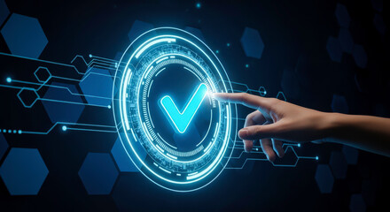 Digital check mark technology concept hand pressing virtual button interface tech