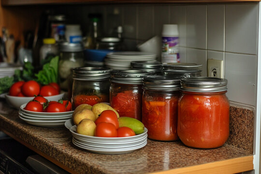 Jars of preserved fruits and vegetables on a kitchen countertop
