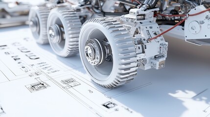 Detailed assembly of robotic wheels on a technical blueprint in a workshop environment showcasing precision engineering