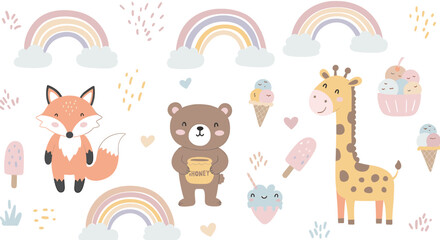 Cartoon animals with rainbows and sweets illustration for childrens content