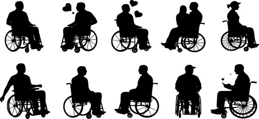 Couple in wheelchair vector silhouette set
