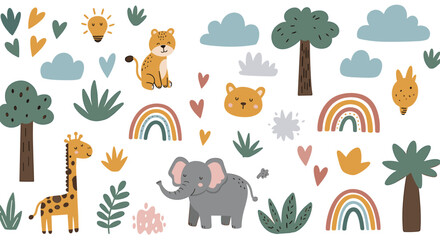 Naklejka premium Cute animal illustrations with giraffe elephant leopard and rainbow design elements