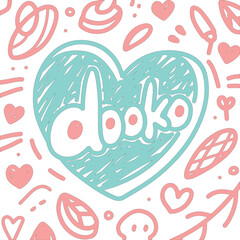 Artistic hand drawn doodle illustration featuring a heart with the word dooko and decorative elements.