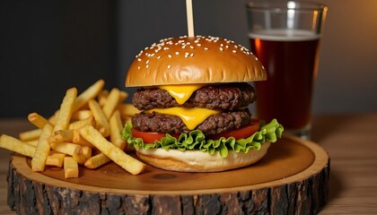 Double Cheeseburger with Fries and Beer
