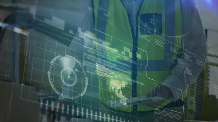 logistics worker typing on keyboard activating hologram raising scanner updating shipping map - Powered by Adobe