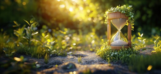 Hourglass surrounded by lush greenery symbolizing time and nature's beauty
