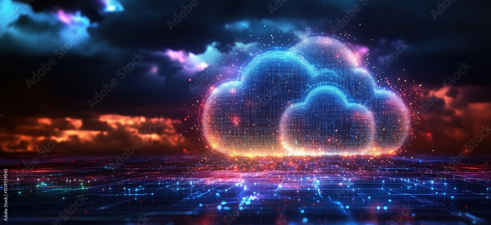 Poster digital cloud computing concept with glowing data streams and futuristic background