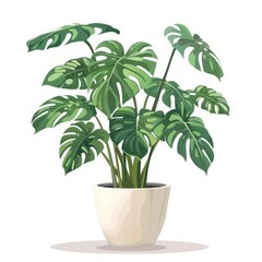 Fototapeta premium Monstera houseplant with large split leaves in ceramic pot, flat graphic style, isolated on white. Concept of indoor greenery decor