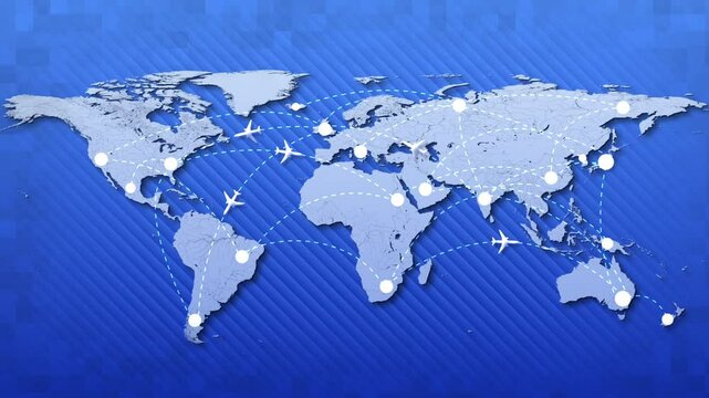 Minimalist World Map showing Random international Flight Paths Air traffic Animation