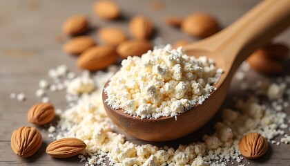 Almond Flour with Almonds in a Wood Spoon