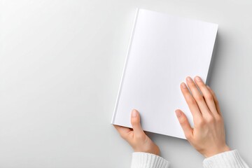 Female hands holding a book with blank sheets on light background. Copy space, add text. Generative Ai