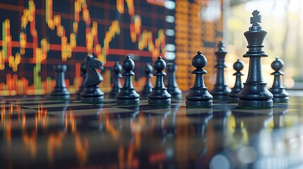 Chess Pieces on a Board with a Stock Market Graph in the Background HD 8k wallpaper photographic image
