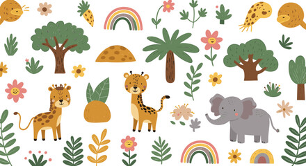 Naklejka premium Cartoon animal and plant pattern background