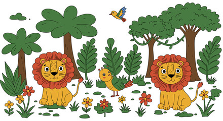 Fototapeta premium Cartoon lions in jungle landscape