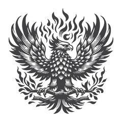 Obraz premium Vintage Hand-Drawn Spanish Imperial Eagle With Feathers Made Of Flames Illustration, Wildlife Bird Engraved Style Vector for T-Shirts and Surreal Nature Themes Design