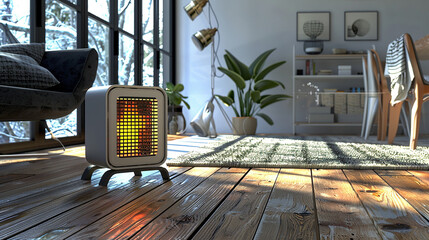 Cozy Living Room with Space Heater: Warmth and Comfort.