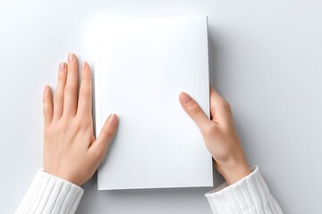 Naklejka premium Female hands holding a book with blank sheets on light background. Copy space, add text. Generative Ai