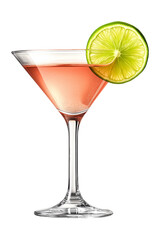 Cosmopolitan in Clear Glass with Lime Slice Isolated for Use in Cocktail Guides and Drink Branding