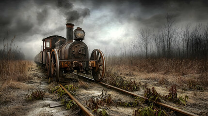 Obraz premium Vintage Steam Train On Railroad Tracks In A Field During Stormy Weather