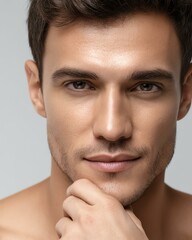 Obraz premium Close-up portrait of a confident young man with captivating features and a thoughtful expression on his face, showcasing natural beauty.