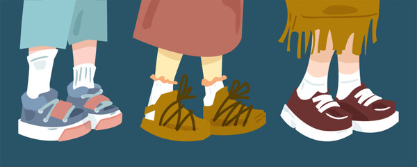 Three Kids Footwear Cartoon Illustration. Three children’s legs in colorful socks and different types of shoes — sneakers, sandals, and loafers — in flat cartoon style on dark background.
