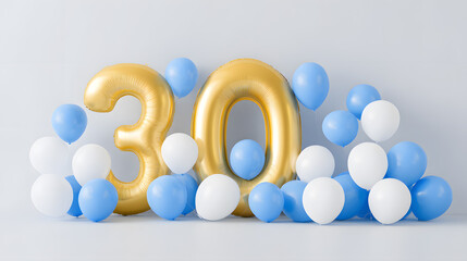 Golden Number 30 with Balloons Celebration Design