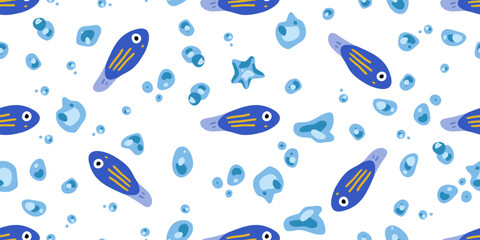 Seamless Blue Cartoon Fish Pattern. Cute blue fish and bubbles in a playful underwater arrangement, flat cartoon style, on a white seamless background.
