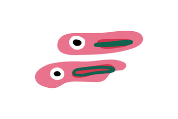 Abstract Pink Cartoon Fish Fry. Two simplified baby fish with bold pink shapes, big eyes, and flat cartoon style, isolated on white background.
