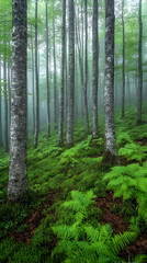 Obraz premium Misty Green Forest Path With Tall Trees