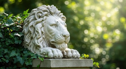 Obraz premium Detailed White Stone Lion Statue on Pedestal in Sunny Garden Foliage