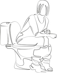 One continuous line drawing on white isolated background. Minimalism linear illustration. indoors, sitting, toilet, adult, domestic bathroom, domestic room, one person, women