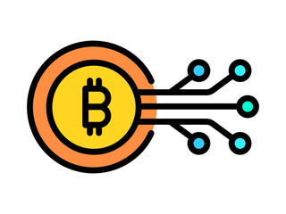 Color Outline Bitcoin Icon with Electricity Line in Futuristic Payment and Digital Banking. Cryptocurrency or Stable Coin AI Financial Analyzing Symbol Cut out Clip art. Editable Stroke illustration.