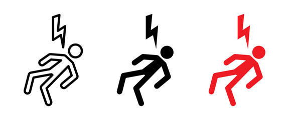 Electricity danger icon. Person being struck by lightning bolt representing electric shock hazard vector illustration. Warning symbol used for high voltage areas and electrical safety sign.