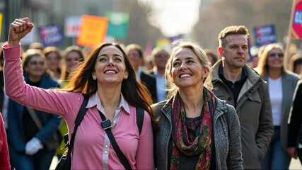 A diverse group of women stands together at a protest or happy festive holiday celebrating demonstration , her right arm is raised in a fist pump, symbolizing unity and determination.