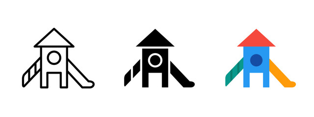 Playground icon. Outdoor play structure with roof and double slides vector illustration. Children's recreational area symbol. Park activity and entertainment equipment sign. Fun play pictogram.