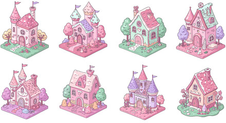 Pastel isometric houses illustration