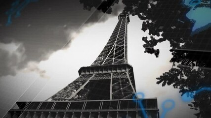 Opening low-angle grayscale view, Eiffel Tower gaining grid code map UI overlays visualizing data - Powered by Adobe