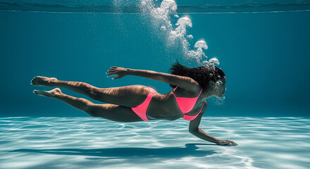 Underwater Grace: Woman in Pink Bikini Swimming